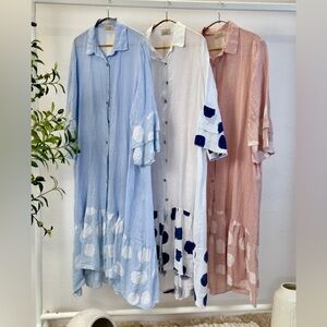 Puro Lino Made in Italy 100% Linen Polka Dot Button-Front Maxi Dress